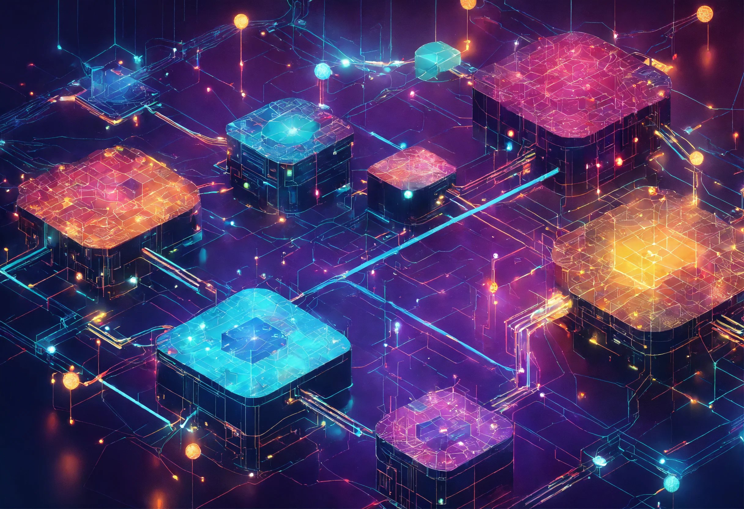 Interconnected nodes, with some holding puzzle pieces to represent data chunks and others with colored pieces for parity chunks. Safety net beneath the puzzle pieces to symbolize data protection and recovery, set against a digital, tech-themed background.