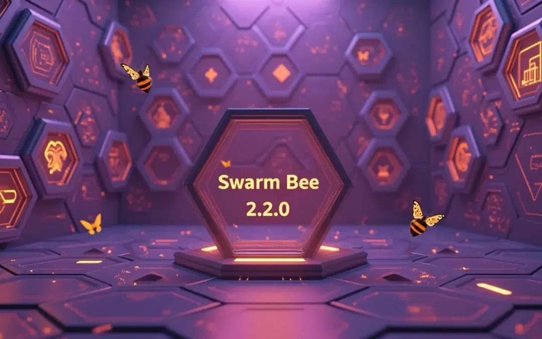 A futuristic hexagonal room with glowing orange icons on the walls and bees flying around a central hexagon labeled "Swarm Bee 2.2.0."