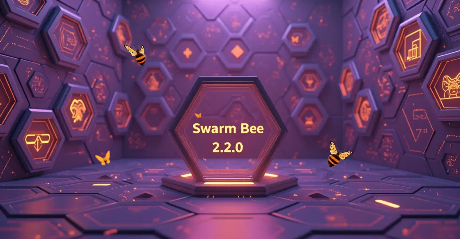 A futuristic hexagonal room with glowing orange icons on the walls and bees flying around a central hexagon labeled "Swarm Bee 2.2.0."