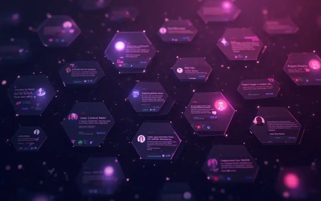 A futuristic digital interface featuring hexagonal tiles with purple and pink glowing accents, each tile representing anonymous user profiles or chat windows. The hexagons are interconnected, floating in a dark, space-like environment.