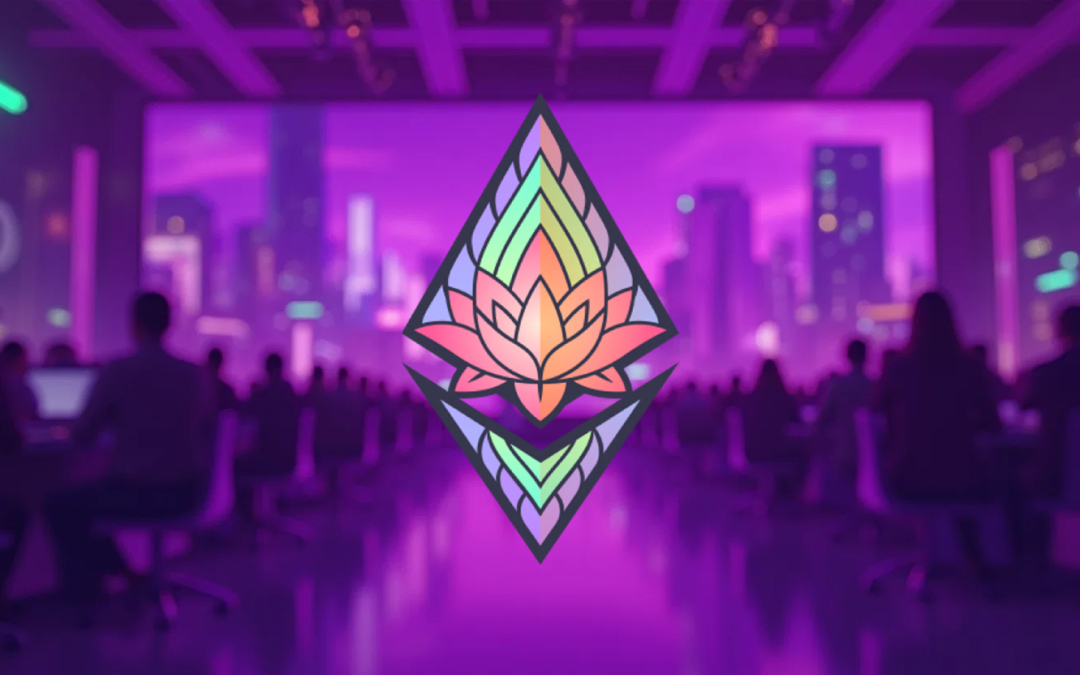 A vibrant graphic of the Devcon SEA Ethereum logo, featuring a lotus flower within a diamond shape, against a backdrop of a bustling, neon-lit cityscape and a crowd of people.