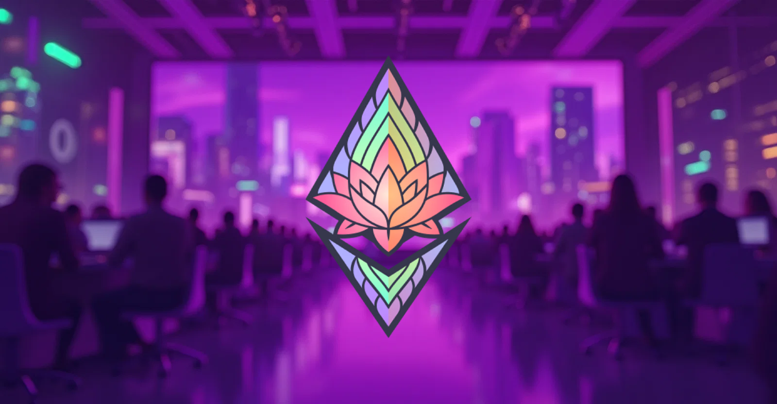 A vibrant graphic of the Devcon SEA Ethereum logo, featuring a lotus flower within a diamond shape, against a backdrop of a bustling, neon-lit cityscape and a crowd of people.