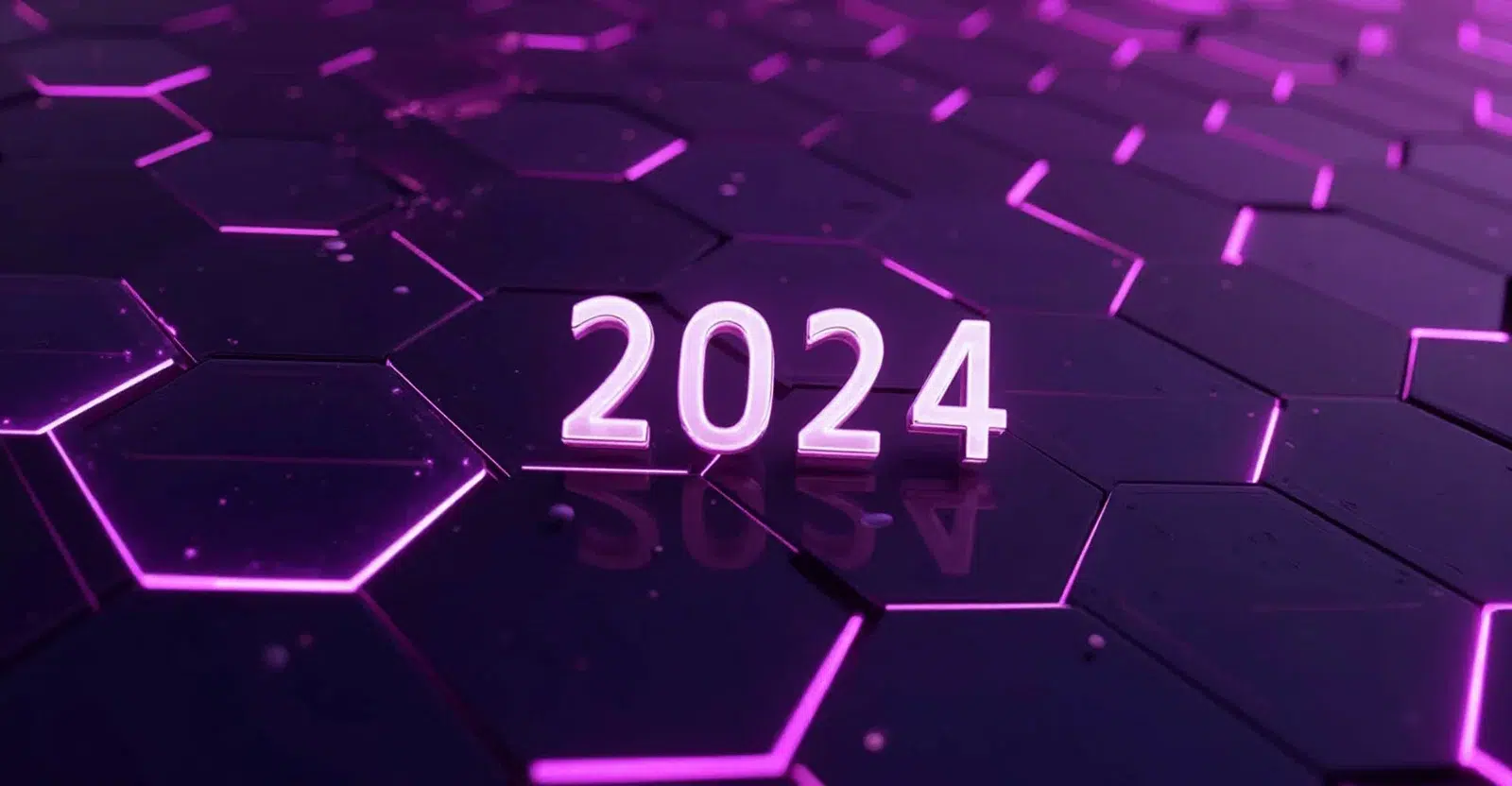 2024 review: The number 2024 glowing in vibrant purple neon on a futuristic hexagonal grid background.