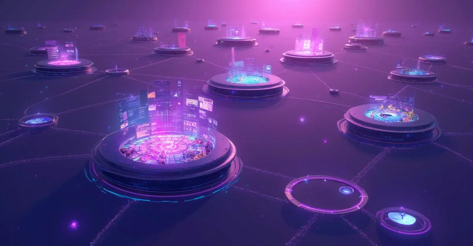 Decentralized multimedia libraries (1) Visual representation of decentralized multimedia libraries with interconnected digital hubs glowing in purple and blue hues.