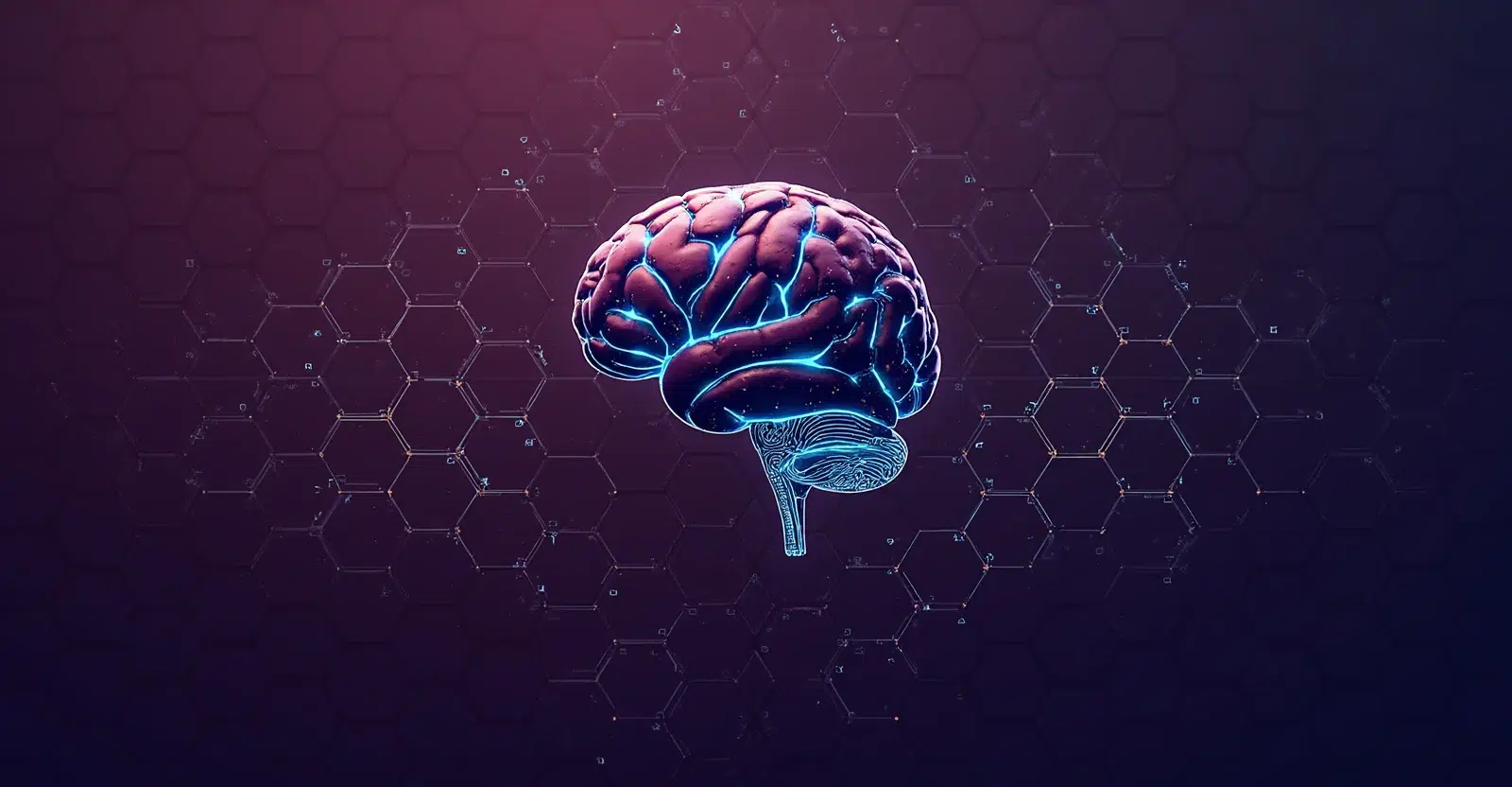 The Decentralized Future of AI with Swarm A futuristic, glowing brain with blue neural pathways, set against a hexagonal digital network background, symbolizing artificial intelligence (AI) and advanced computing.