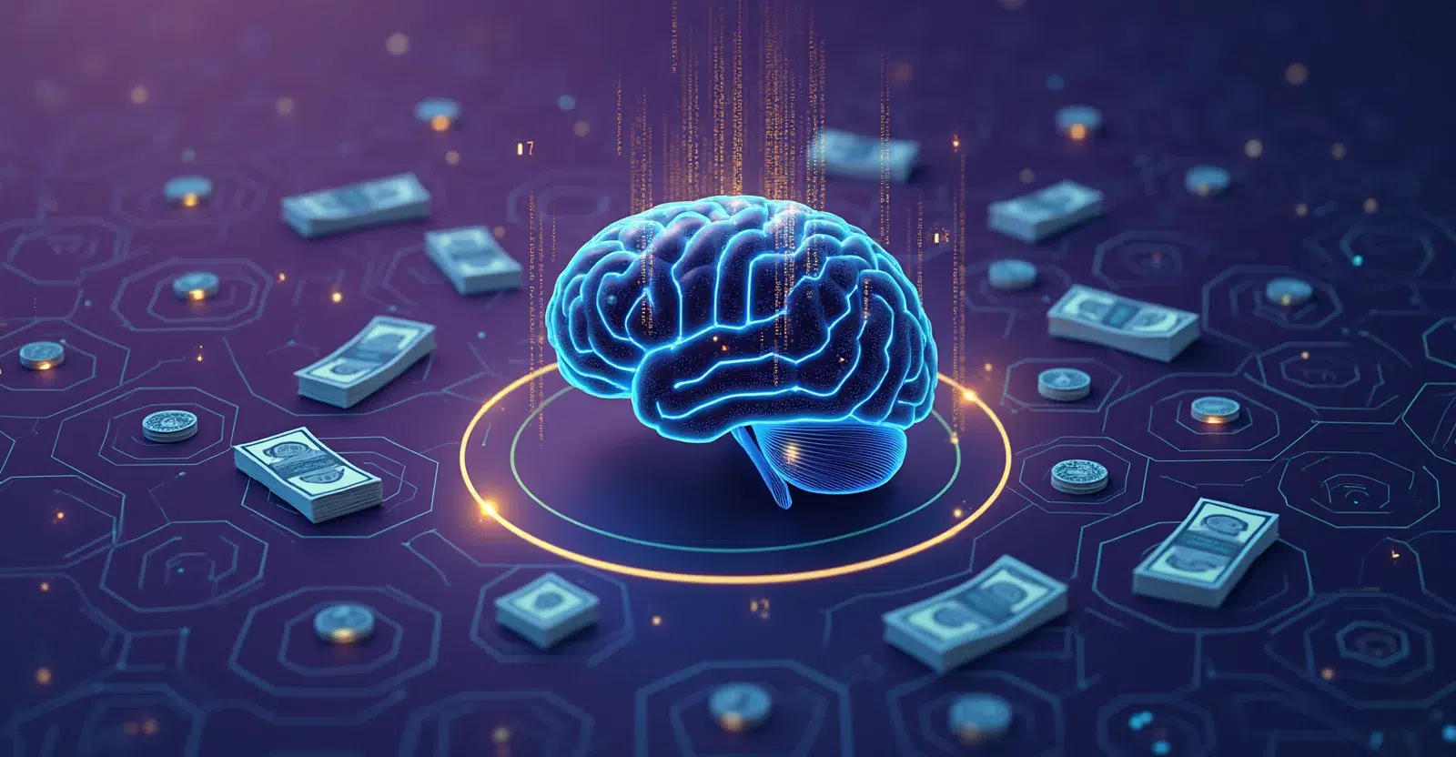 AI and the Future of Finance A glowing blue AI brain with digital data streams, surrounded by money stacks and coins on a futuristic hexagonal network background, symbolizing artificial intelligence in finance.