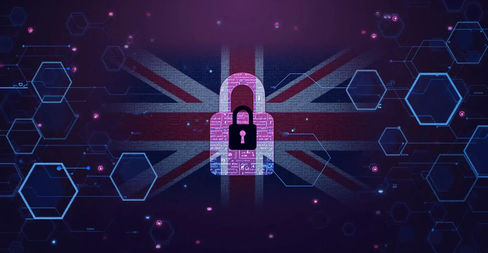 United Kingdom bans encryption A digital lock on a UK flag symbolizing cybersecurity and encryption in the UK, with hexagonal network elements and a futuristic, high-tech design.
