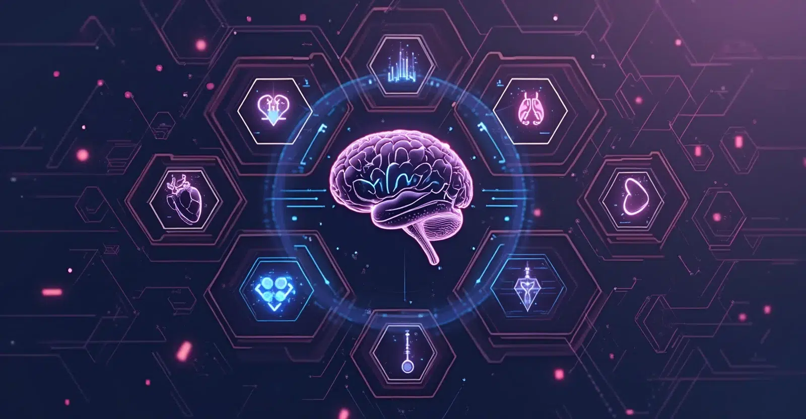 Decentralized healthcare AI Futuristic digital illustration of a glowing brain with AI-powered healthcare icons.