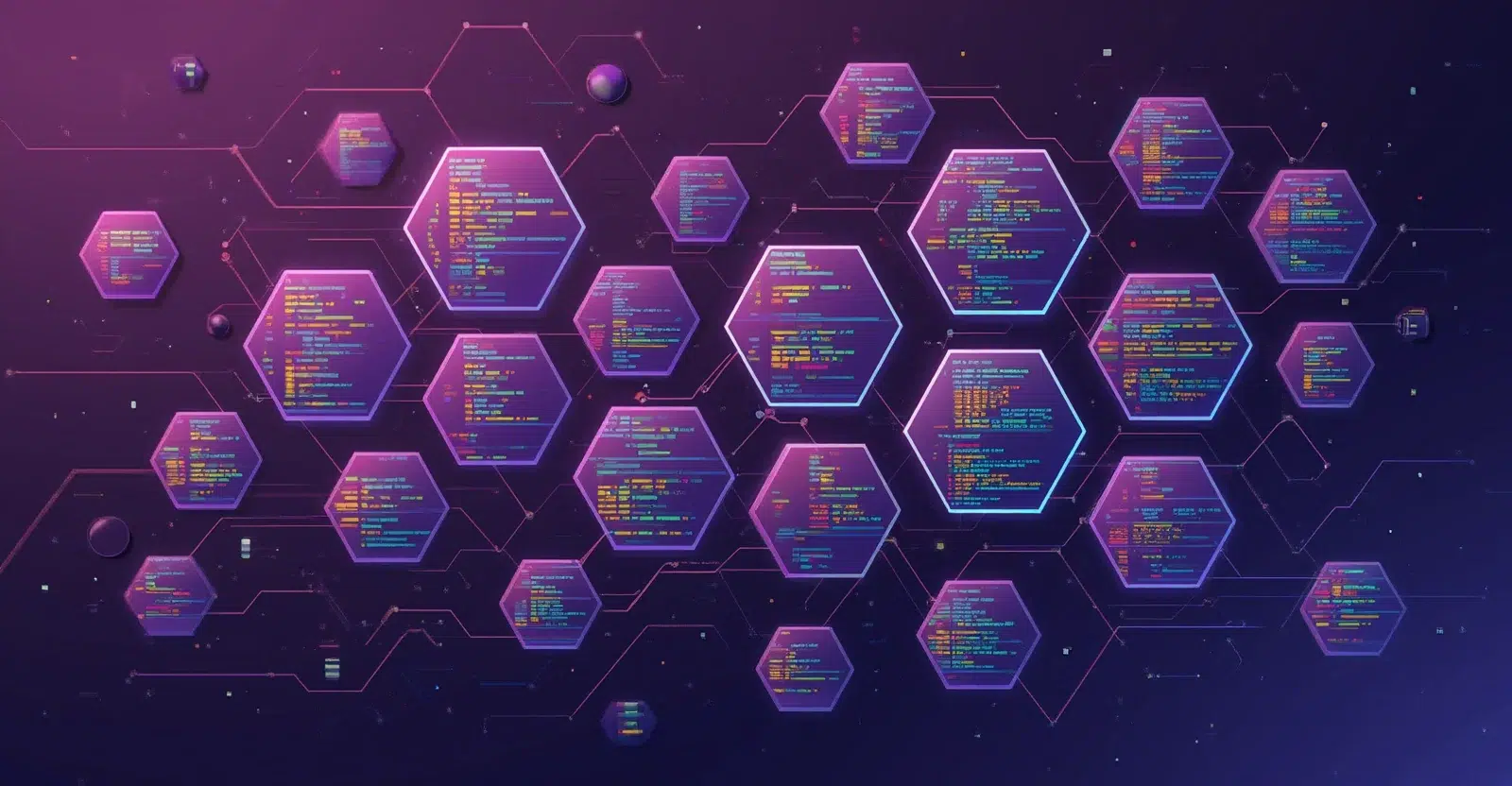 Visual Representation of OntoDAG A digital illustration of interconnected hexagons containing color-coded code snippets, representing a complex data structure or algorithm OntoDAG.