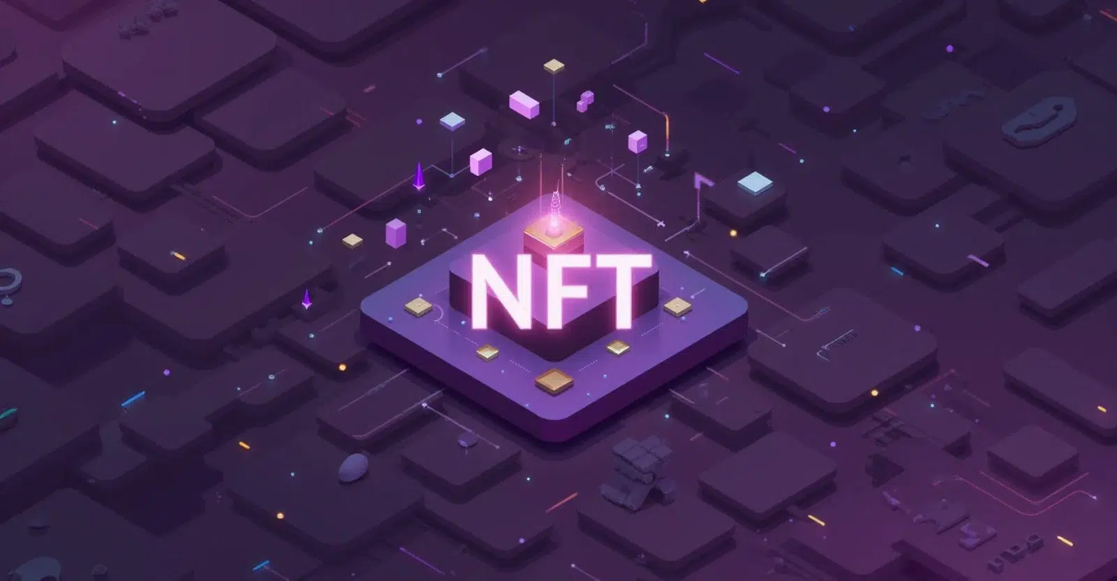NFT indexing Swarm Digital illustration of a glowing NFT platform surrounded by futuristic 3D blocks and data nodes on a purple background.