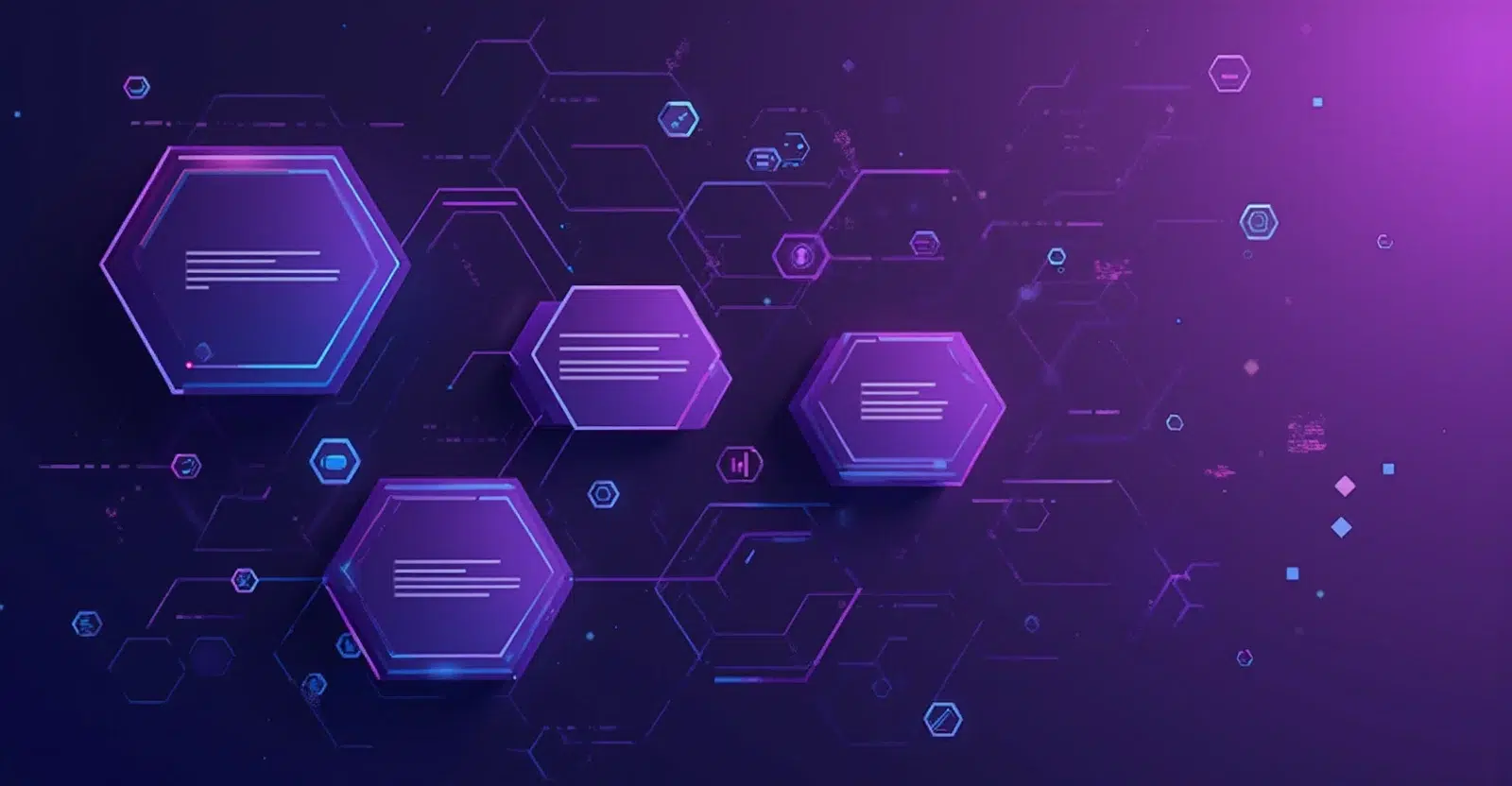 Decentralized Communications Network Futuristic digital interface with interconnected glowing hexagons in purple and blue tones, representing a BitChat decentralized communication network on a dark gradient background.