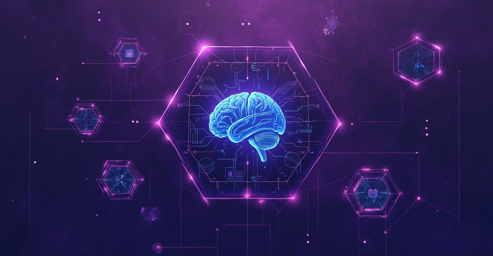 Decentralized AI A glowing blue brain in the center of a purple hexagonal digital network, surrounded by interconnected hexagons symbolizing neural or data nodes.
