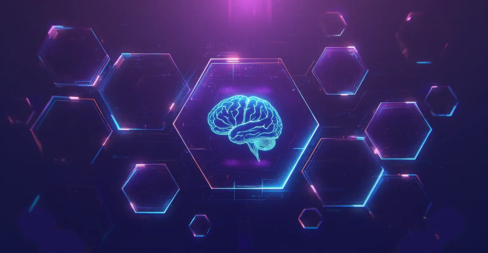 Decentralized AI MCP Neon illustration of a brain inside a hexagon on a purple background, surrounded by interconnected hexagonal shapes representing artificial intelligence and MCP.