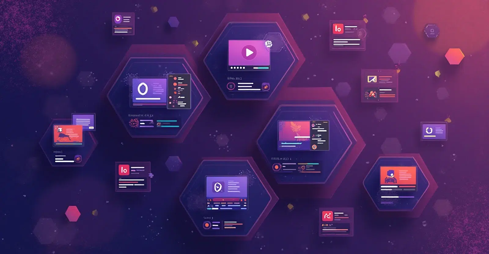 MSRS: Decentralized video streaming and chat Abstract digital illustration showing interconnected hexagonal panels representing MSRS decentralized video streaming, chat, and data-sharing platforms on a dark purple gradient background.