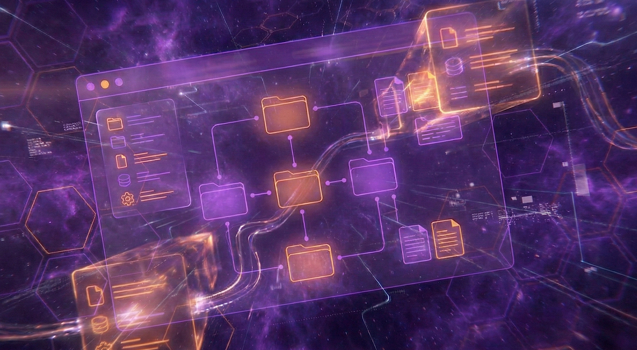 Decentralised File Manager Digital illustration of a decentralized File Manager with hexagonal icons representing documents, set against a purple futuristic background.